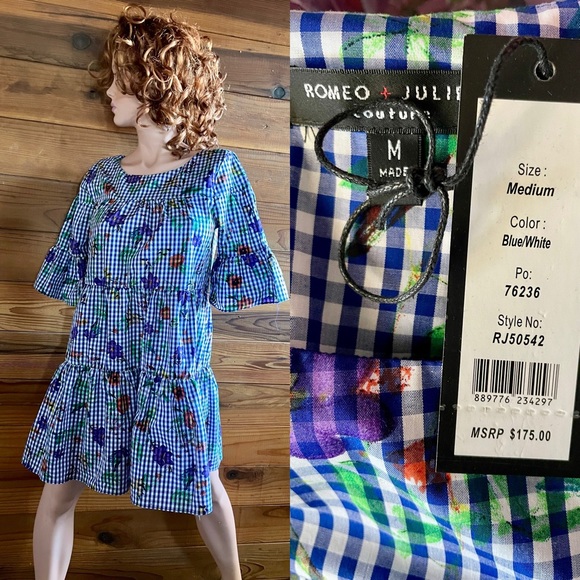 NWT $175 ROMEO & JULIET COUTURE Gingham & Floral Print DRESS Size Medium - Picture 1 of 16
